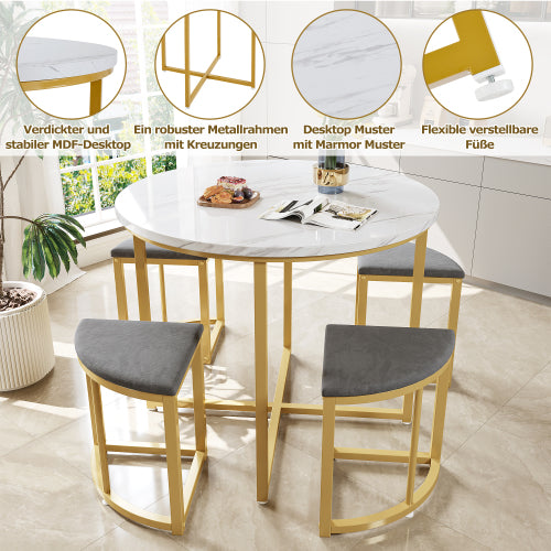 Modern Metal Frame Round Marble Dining Table And Chair Set 5 Pieces With 4 Semi-circular Stools Arvello Living