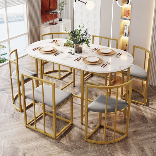 Six Chair Dining Table Set With White Table And Gray Upholstered Chairs In Gold Iron Frame Arvello Living